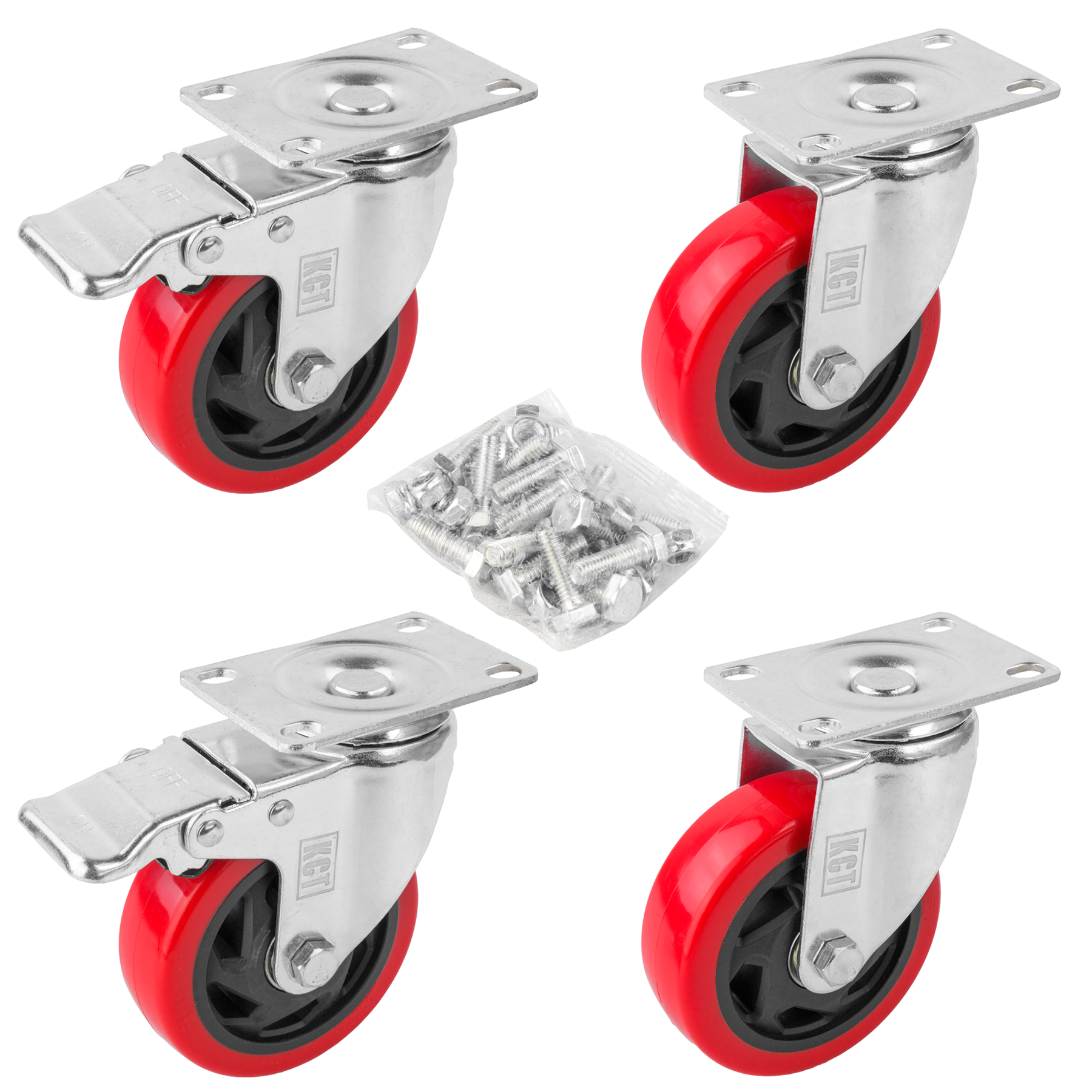 KCT Heavy Duty 100mm Castor Wheels with Brakes - 4 Pack