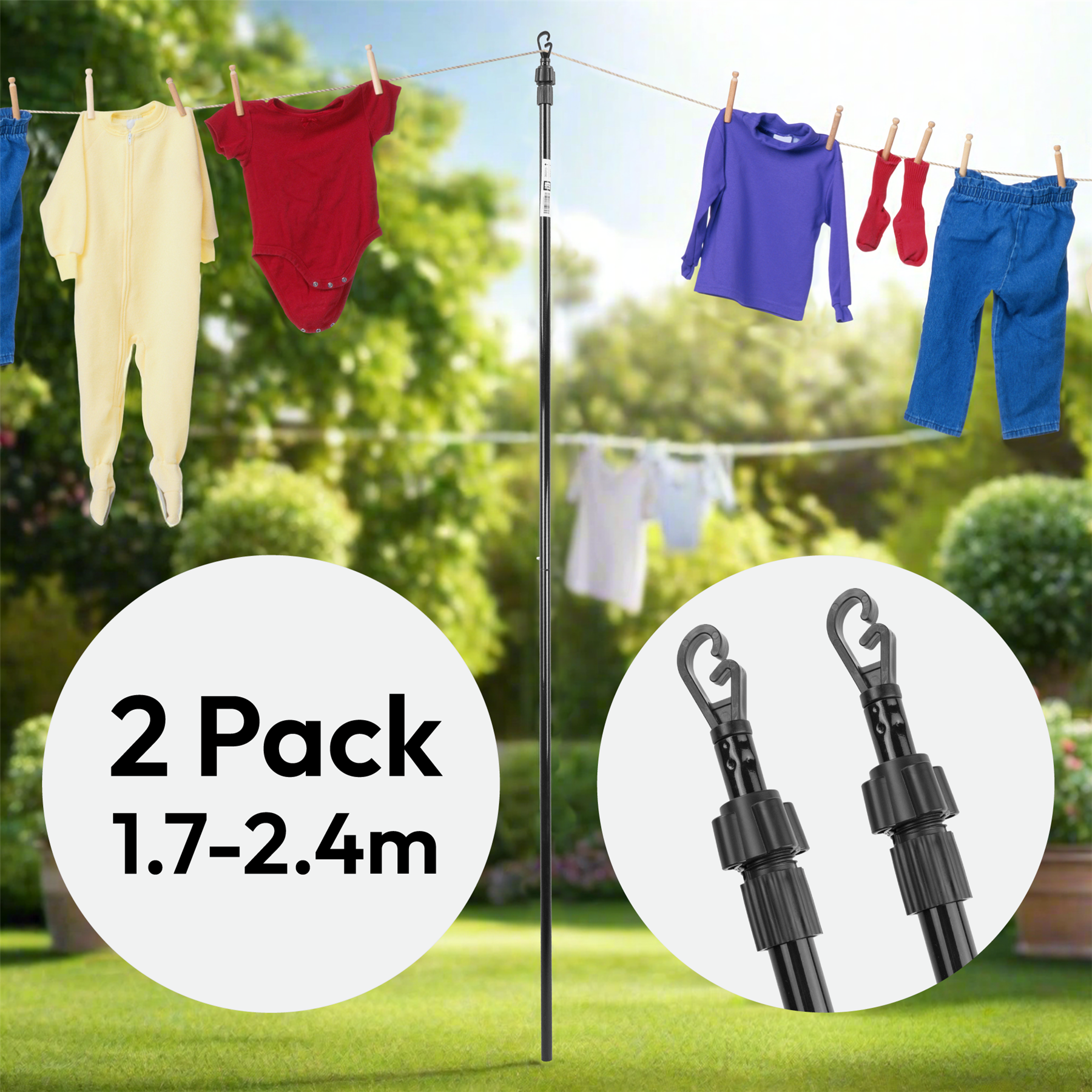 KCT 2.4m Extendable Washing Line Prop Pole - 2 Pack