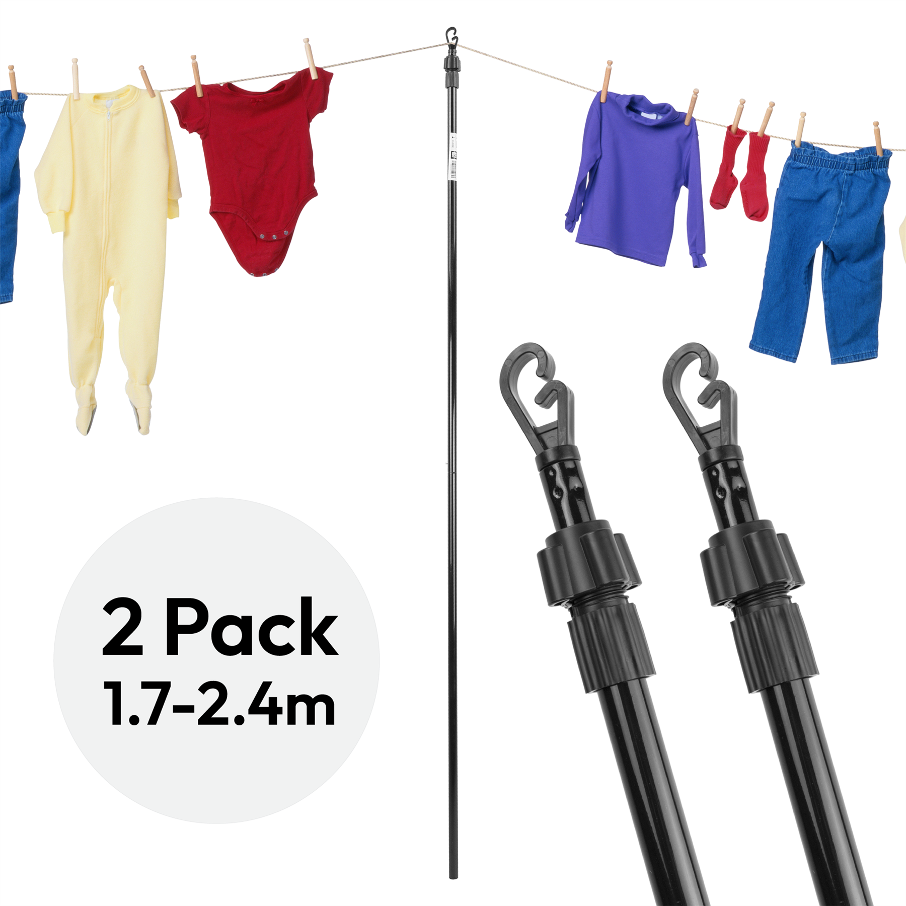 KCT 2.4m Extendable Washing Line Prop Pole - 2 Pack