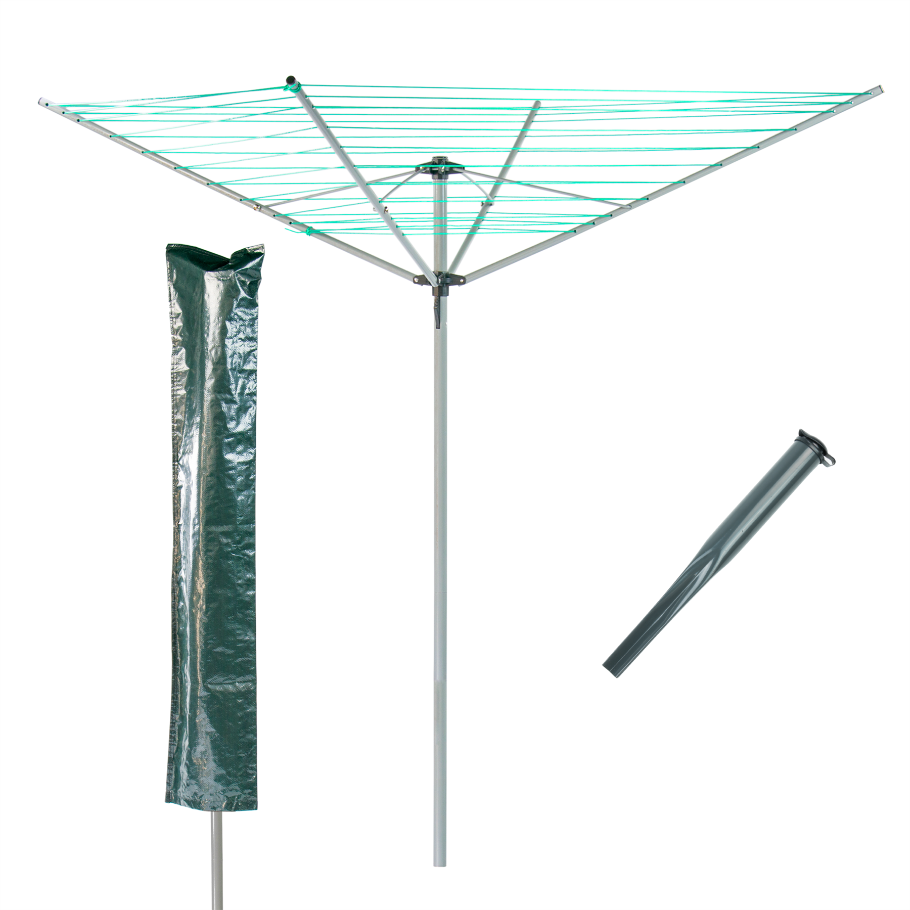 KCT 4 Arm Outdoor Rotary Washing Clothes Line - 50m Drying Area - With Ground Spike and Protective Cover